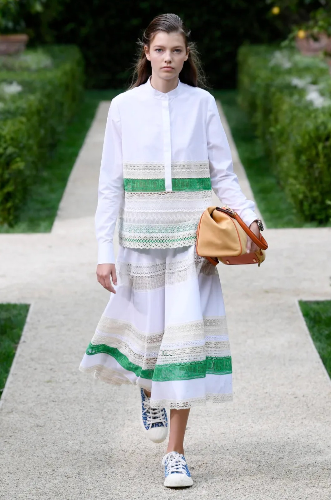 Tory Burch Runway Ss19 Bohemian White Cotton Lace Paneled Midi Skirt